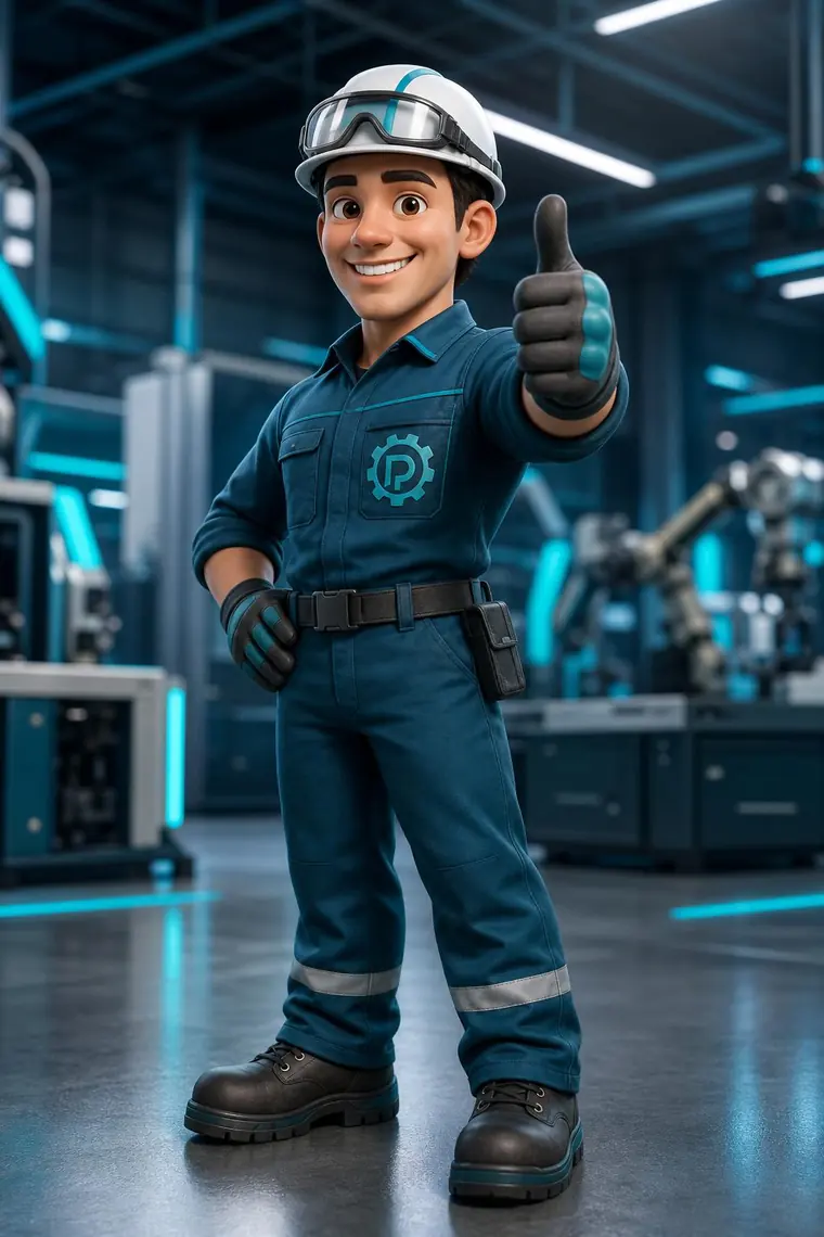 Mascote Prado Suprimentos — engenheiro com polegar erguido